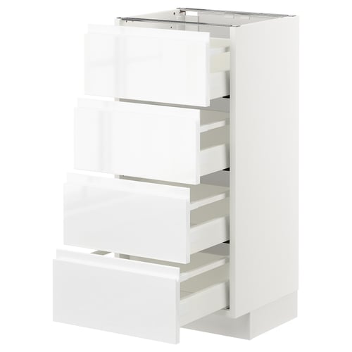 White high-gloss kitchen cabinet with four open drawers, sleek modern design.