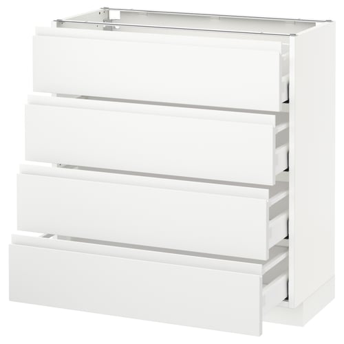 White modern kitchen cabinet with four drawers, sleek minimalist design.