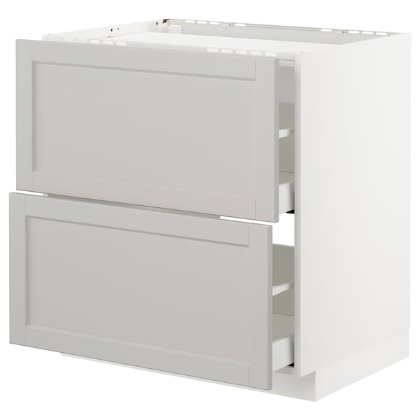 Light grey modern kitchen cabinet, rectangular, with two built-in drawers, sleek design, smooth finish.