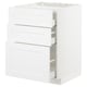 A white METOD kitchen cabinet with three drawers and a door, made from fiberboard and particleboard.