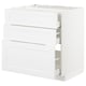 White kitchen cabinet, three open drawers, modern minimal design, made of fibreboard and steel.