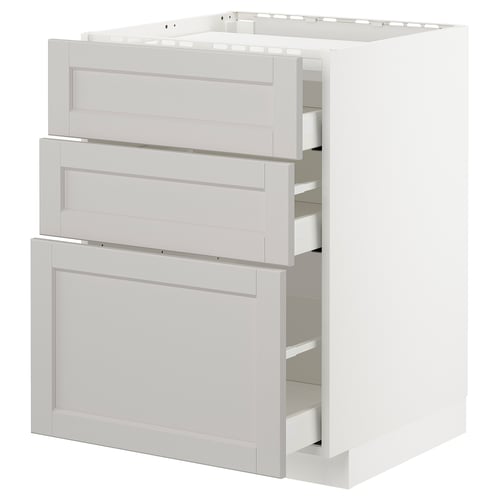 White METOD kitchen unit with three drawers and grey edges.