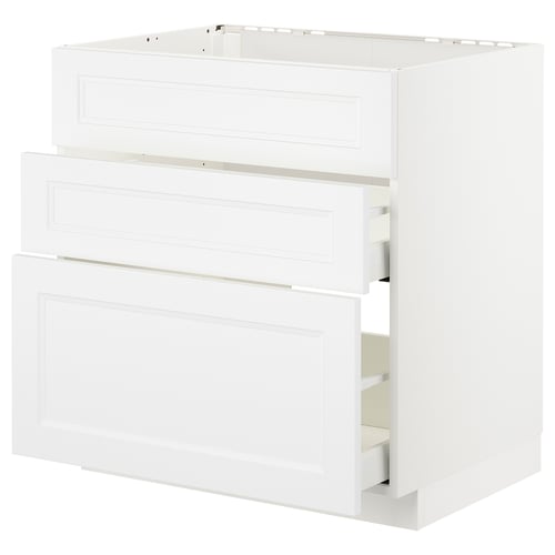 Displays a white METOD kitchen cabinet with multiple drawers featuring a sleek, modern design.