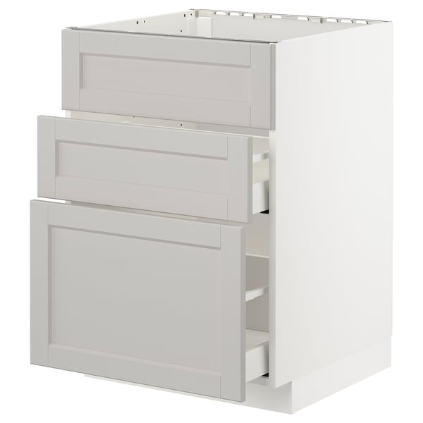 White METOD kitchen cabinet with three drawers and smooth design.