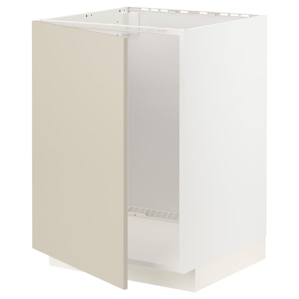 A white METOD kitchen cabinet with beige doors. It is rectangular and part of an organized kitchen system.