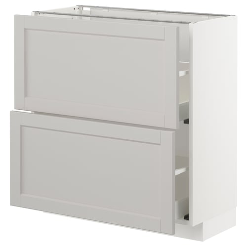 A white METOD base kitchen cabinet with bevelled edges in a classic design. It two spacious drawers with smooth, self-closing mechanisms.