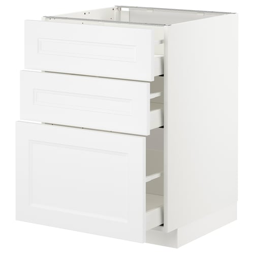 A white METOD cabinet with three drawers, part of the ikea kitchen system, featuring a sleek, modern design.