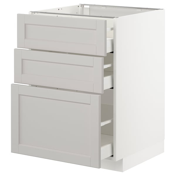METOD kitchen base in light grey with three drawers, traditional design.