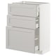 White METOD kitchen cabinet with three light grey lerhyttan drawers, rectangular shape, classic traditional design.