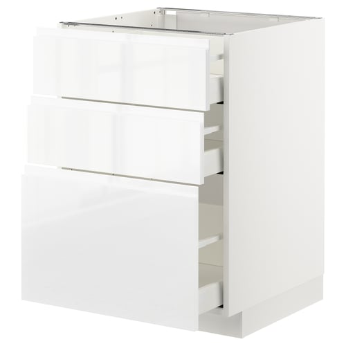 A white METOD kitchen cabinet with multiple drawers and a sleek design.