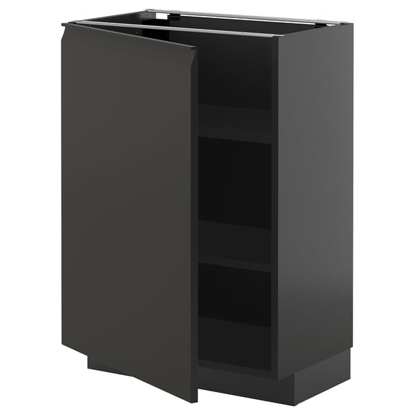 Dark grey kitchen cabinet with doors, modern design, matte finish, adjustable shelves.