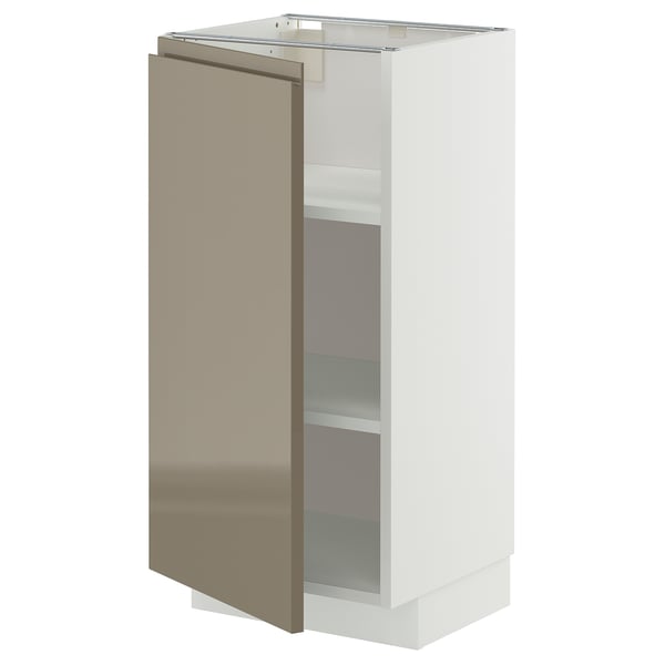 Modern kitchen cabinet, white with glossy brown door, adjustable shelves, square shape.