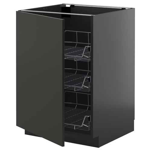 A black ikea METOD kitchen cabinet in a modern design. The cabinet is tall with multiple wire shelves.