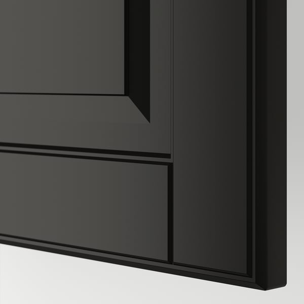 Dark kitchen cabinet with sleek, bevelled edges and glossy finish. High-quality design, smooth surfaces, and modern aesthetic.