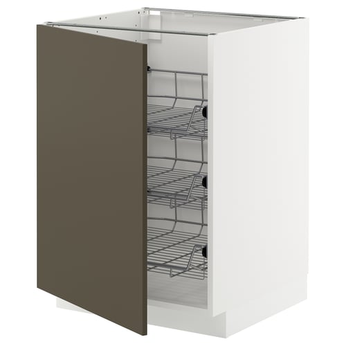 White cabinet with dark brown door, three wire shelves.