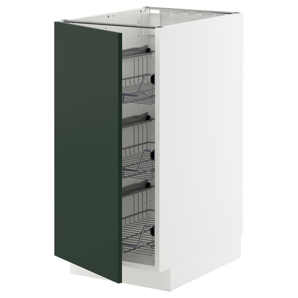 METOD kitchen cabinet in green with wire shelves.