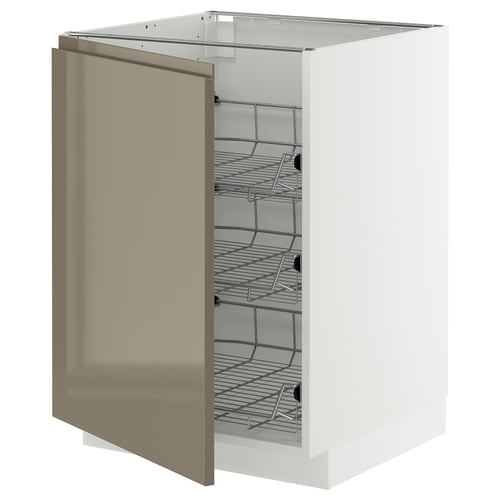 Modern kitchen cabinet in white with sleek dark grey-brown door, featuring metal wire shelves.