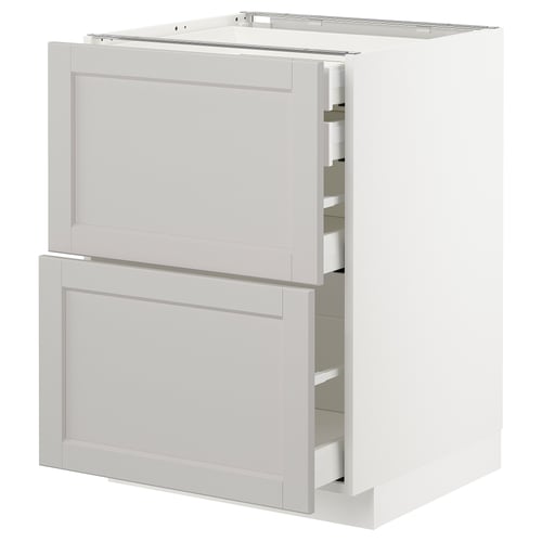 Ikea METOD kitchen unit in light grey with classic design, featuring two drawers and one cabinet, all in solid birch and particleboard.