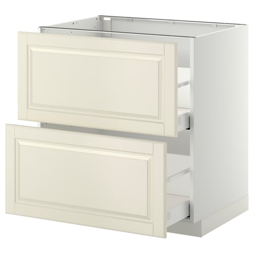 Off-white METOD cabinet with two large fiberboard drawers, smooth finish, steel runner system.