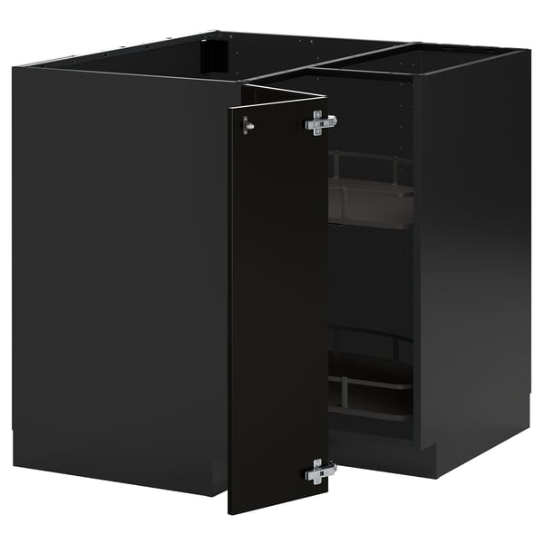 Black kitchen cabinet set METOD with beveled edges, featuring adjustable shelves and reversible door. Sturdy, modern design.