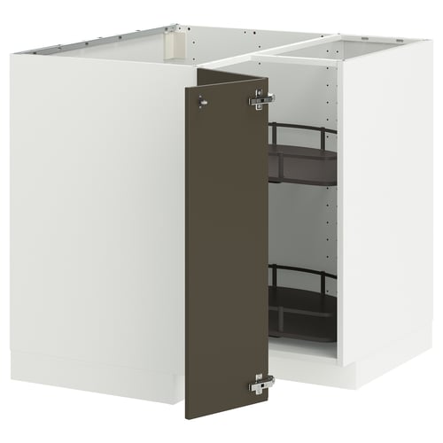 A modern kitchen cabinet in white with a dark brown door, featuring a sliding shelf organiser.