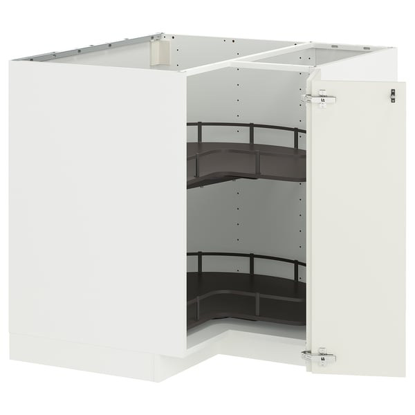 White METOD kitchen cabinet with curved black shelves, hinges.