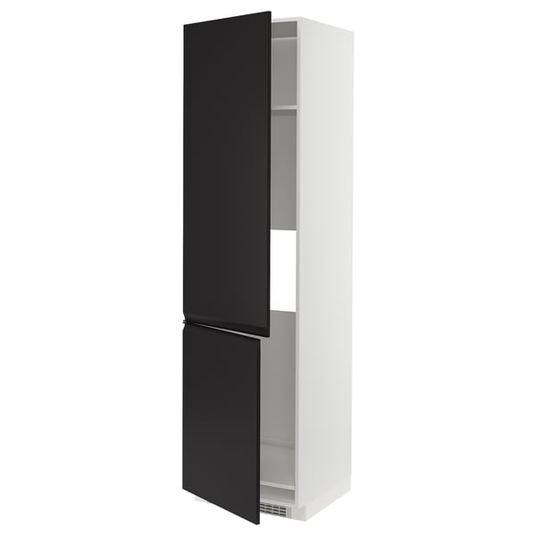Modern black-white kitchen cabinet with sleek doors and adjustable shelves.