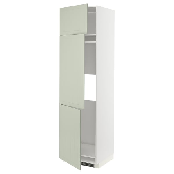 A tall, sleek METOD kitchen cabinet with three green stensund doors. It has an adjustable shelf and a modern, minimalist design.