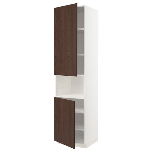Modern kitchen cabinet, tall, white & dark brown oak, adjustable shelves, sleek design.