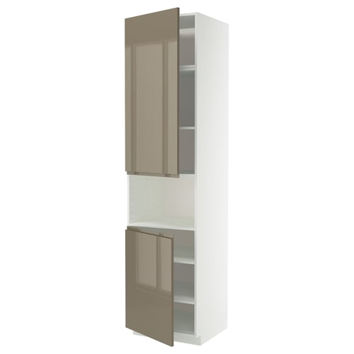 A white and dark grey-brown tall kitchen cabinet with high gloss doors and shelves.
