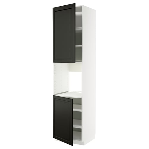 METOD kitchen cabinet in white with black doors, bevelled edges, adjustable shelves.