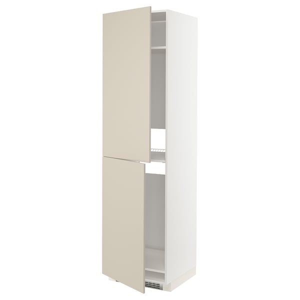 METOD kitchen cabinet in beige, slim design with open doors revealing shelves.