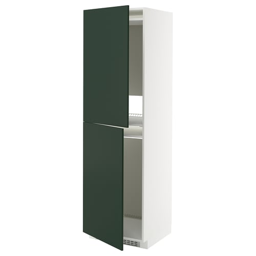Modern white cabinet with green doors, open revealing shelves.