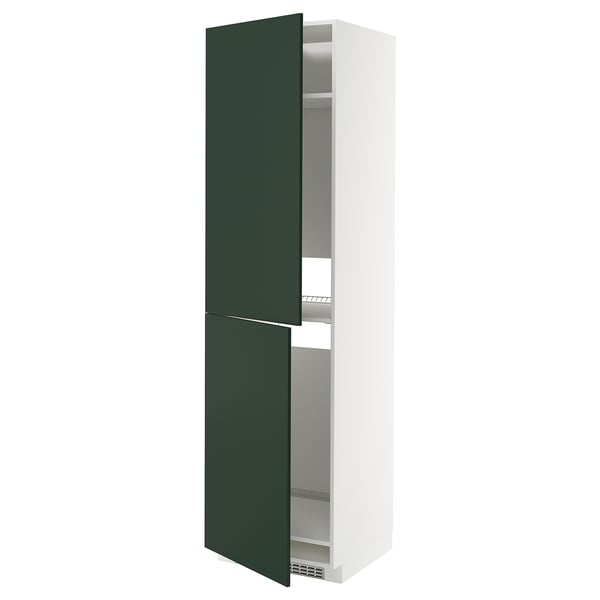 Modern tall white cabinet with green doors, two open.