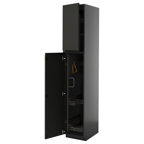 Black kitchen cabinet with open door, glossy finish, rectangular shape, modern design.