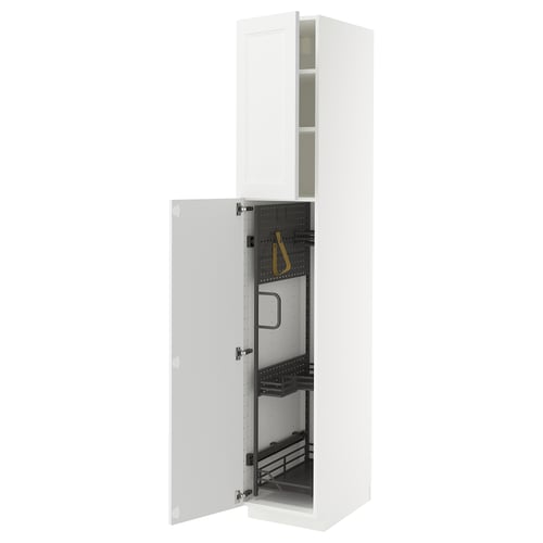 White high cabinet, open door revealing organized cleaning supplies.