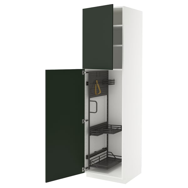 Open METOD green cabinet: compact, white, organised with shelves, steel accessories.