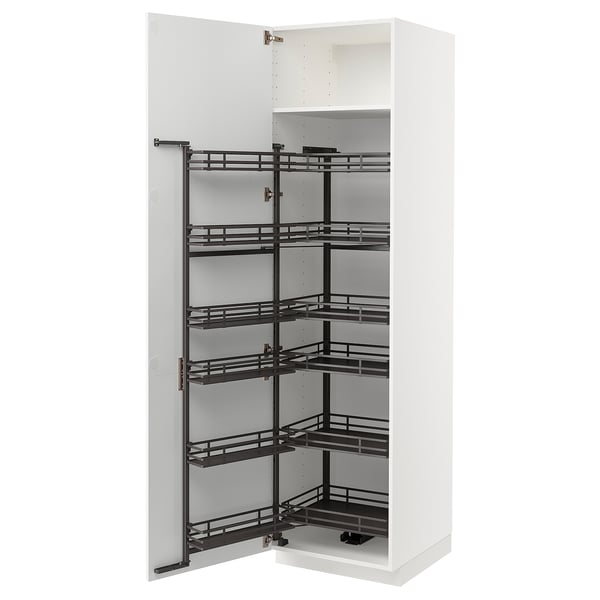 METOD white cabinet with black pull-out shelves.