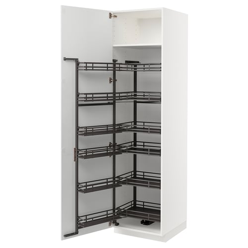 METOD white cabinet with black pull-out shelves.