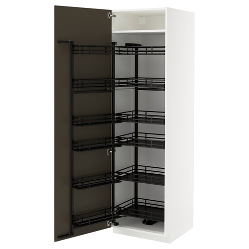A white METOD kitchen cabinet with dark brown pull-out shelves. Its rectangular with a modern design.