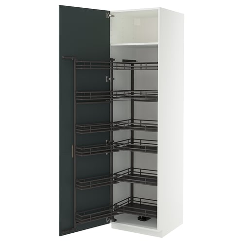 METOD kitchen storage: white cabinet, dark green door, pull-out shelves.