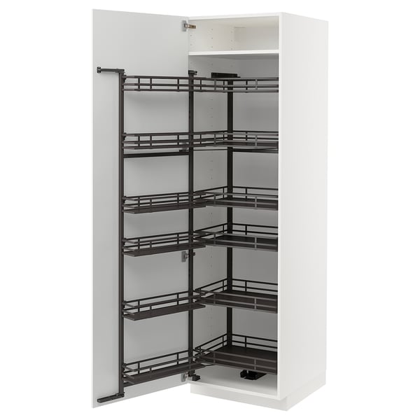 White METOD kitchen cabinet with black pull-out shelves. Modern, sleek design for organized storage.