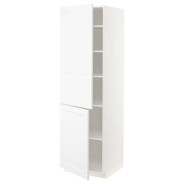 A white METOD tall kitchen cabinet with two adjustable shelves and reversible door.
