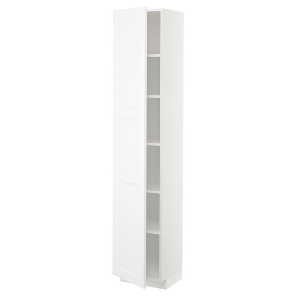 A white METOD tall kitchen cabinet with adjustable shelves and a hinged door. It a sleek, modern design with a high gloss finish.