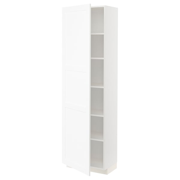 A white METOD kitchen cabinet with a wood-like finish. Its tall with a rectangular shape, featuring an open door and adjustable shelves.