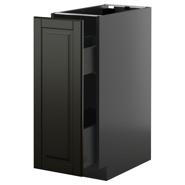 Modern black METOD kitchen cabinet with sleek pull-out drawer.