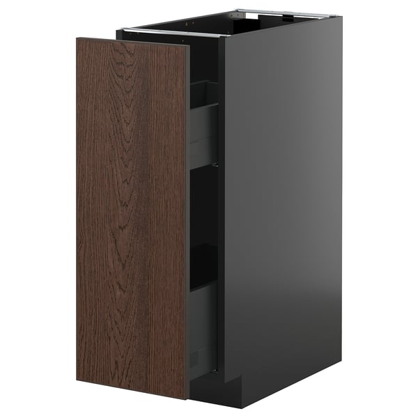 Dark grey kitchen cabinet with dark brown drawer, sleek design.