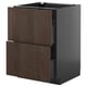 A dark brown wooden METOD kitchen cabinet with two drawers and a sleek grey base. The front solid wood edging.