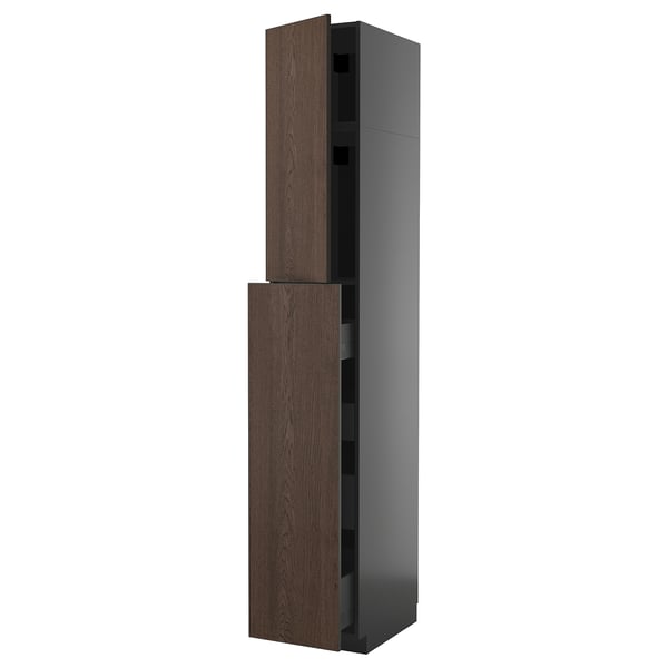 METOD kitchen cabinet in dark brown wood & gray with storage shelves.