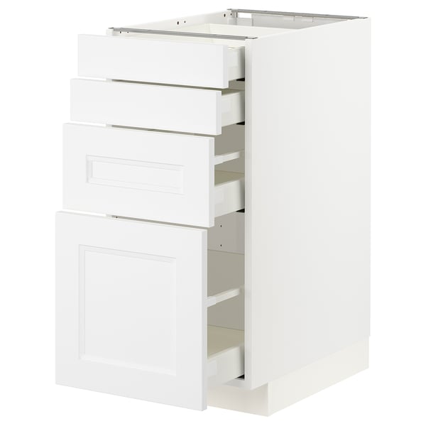 A white METOD kitchen cabinet with multiple drawers and shelves. The cabinet is sleek and modern with a white finish.